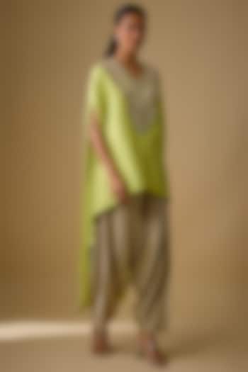 Lime Green Silk Resham Work Kaftan Set by Prisho at Pernia's Pop Up Shop