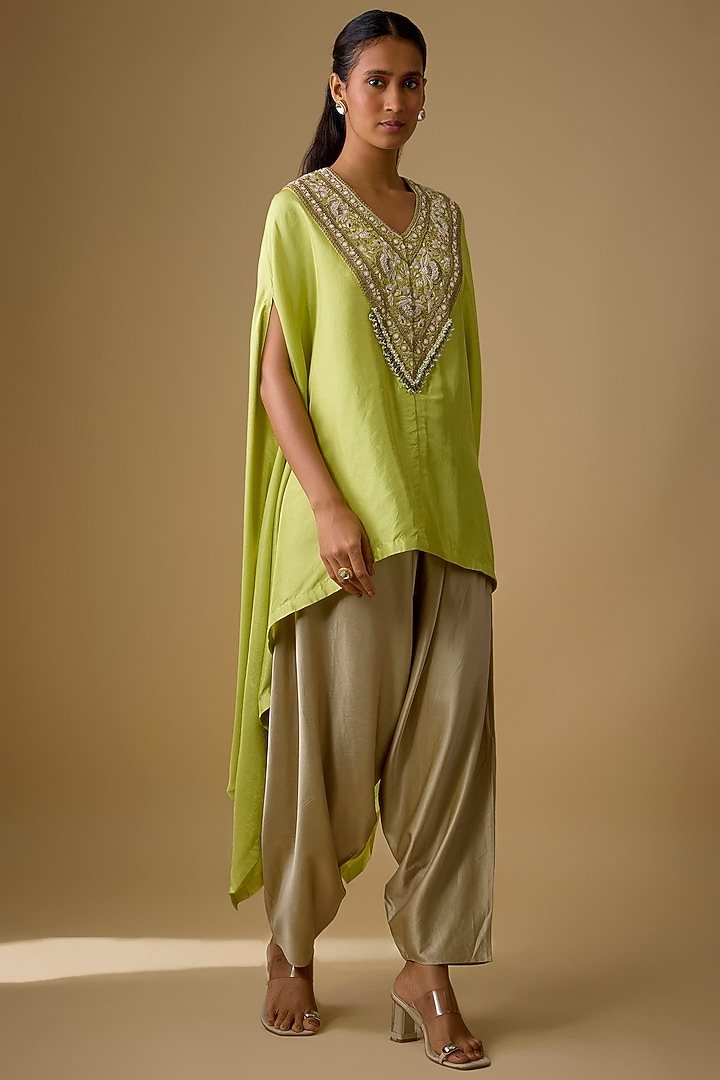 Lime Green Silk Resham Work Kaftan Set by Prisho at Pernia's Pop Up Shop