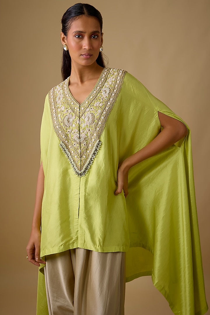 Lime Green Silk Resham Work Kaftan Set by Prisho at Pernia's Pop Up Shop