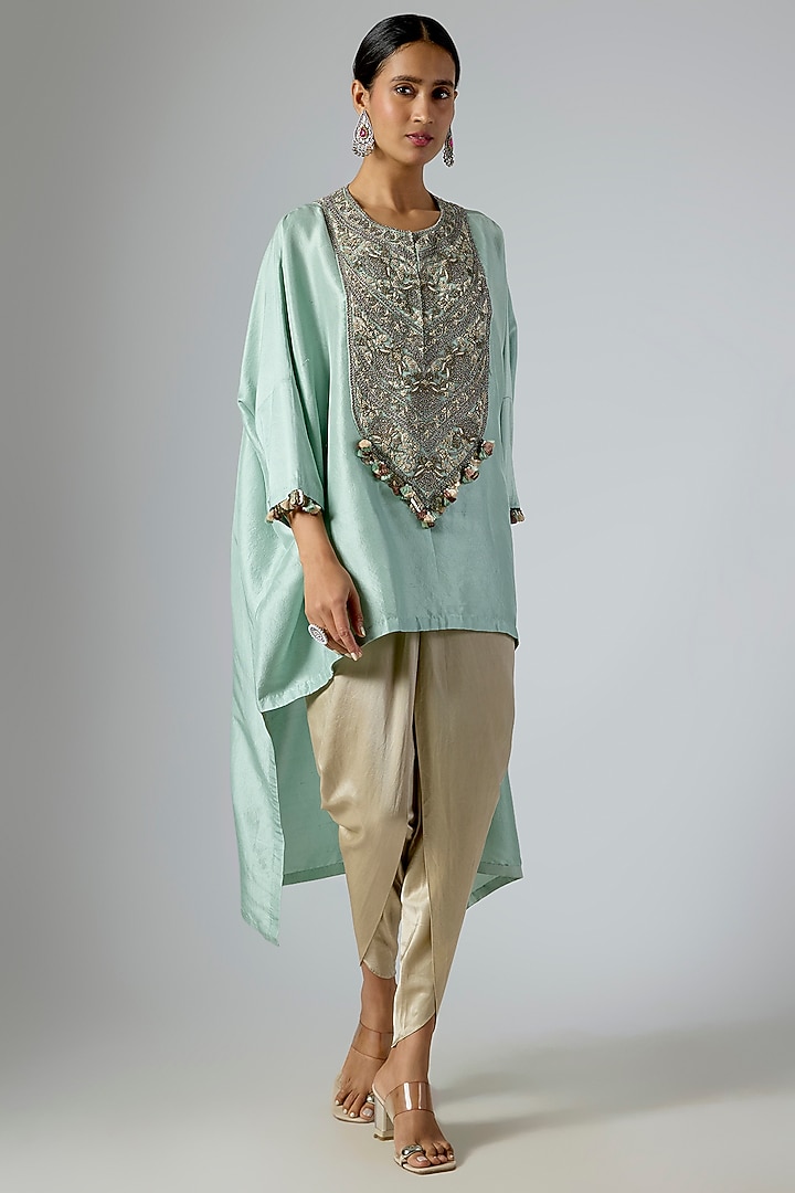 Aqua Silk Dori Embroidered Kaftan Set by Prisho at Pernia's Pop Up Shop