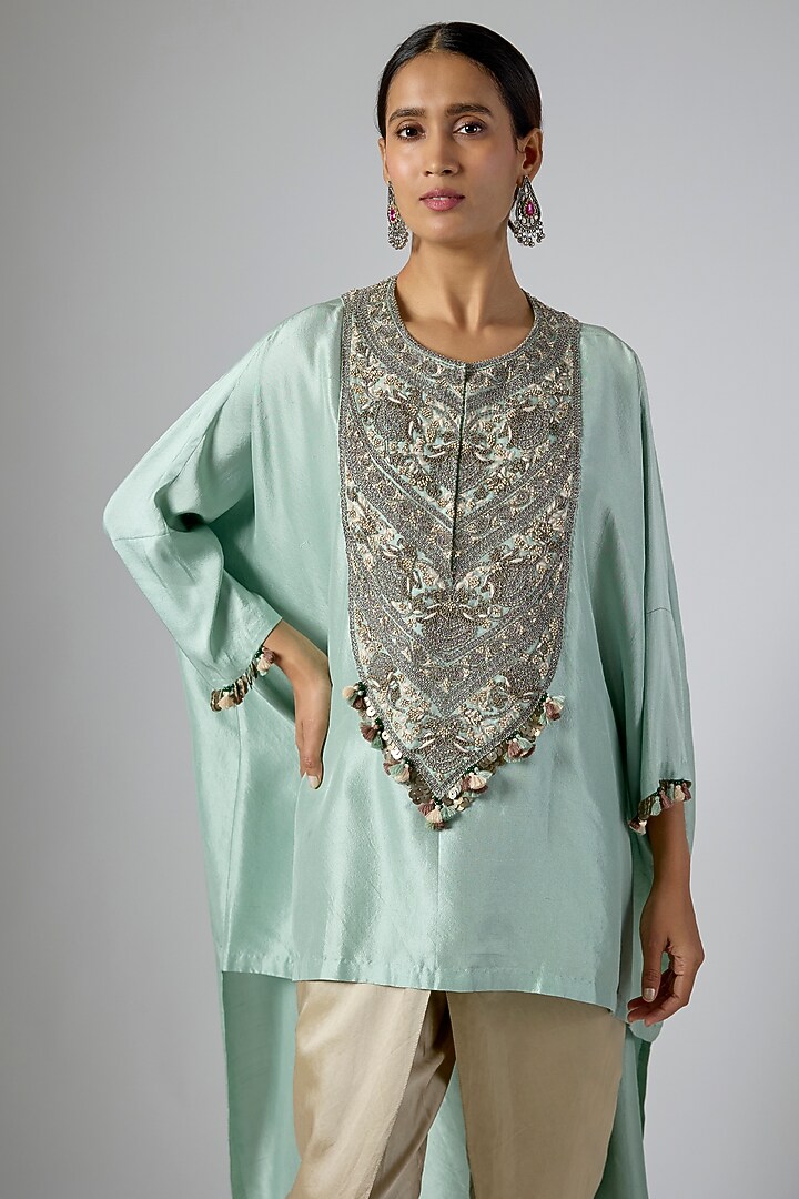 Aqua Silk Dori Embroidered Kaftan Set by Prisho at Pernia's Pop Up Shop