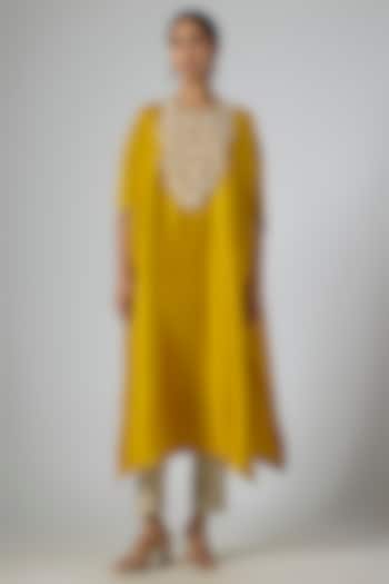 Mustard Silk Moti Embroidered Kaftan Set by Prisho at Pernia's Pop Up Shop