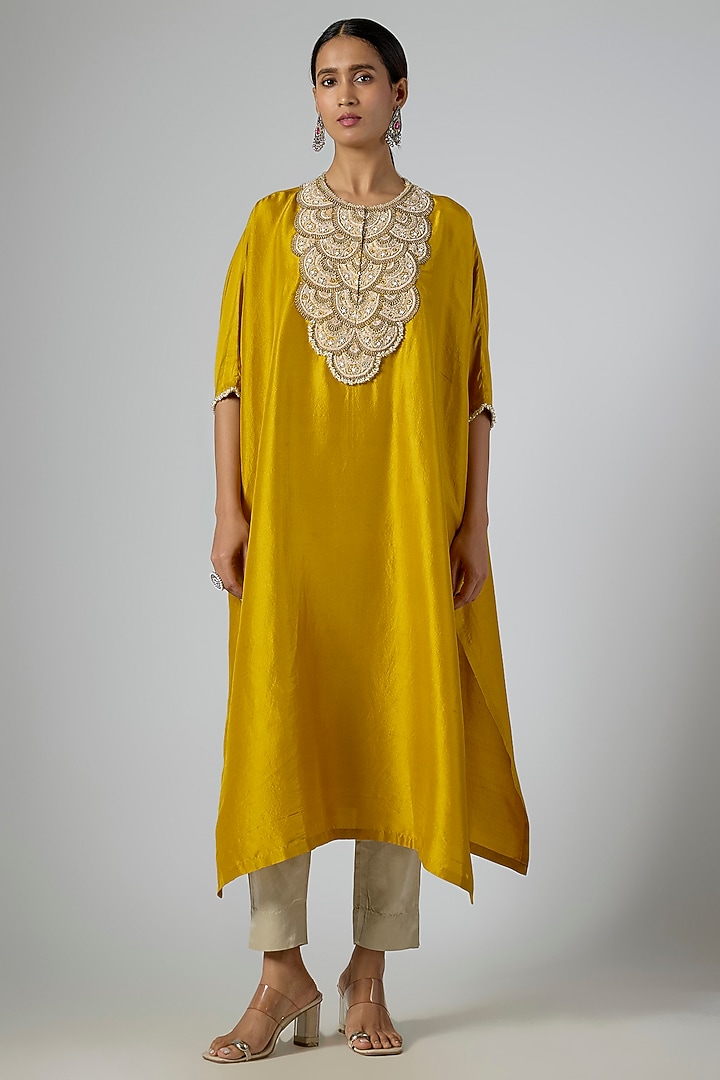 Mustard Silk Moti Embroidered Kaftan Set by Prisho at Pernia's Pop Up Shop
