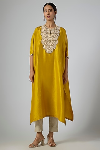 Mustard Silk Moti Embroidered Kaftan Set by Prisho