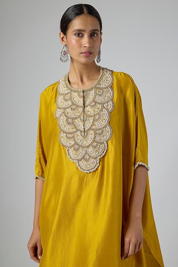 Mustard Silk Moti Embroidered Kaftan Set by Prisho at Pernia's Pop Up Shop