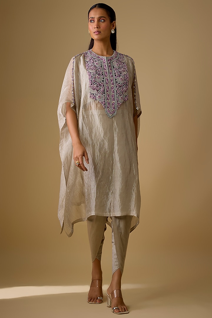 Silver Crushed Tissue Thread Work Kaftan Set by Prisho at Pernia's Pop Up Shop