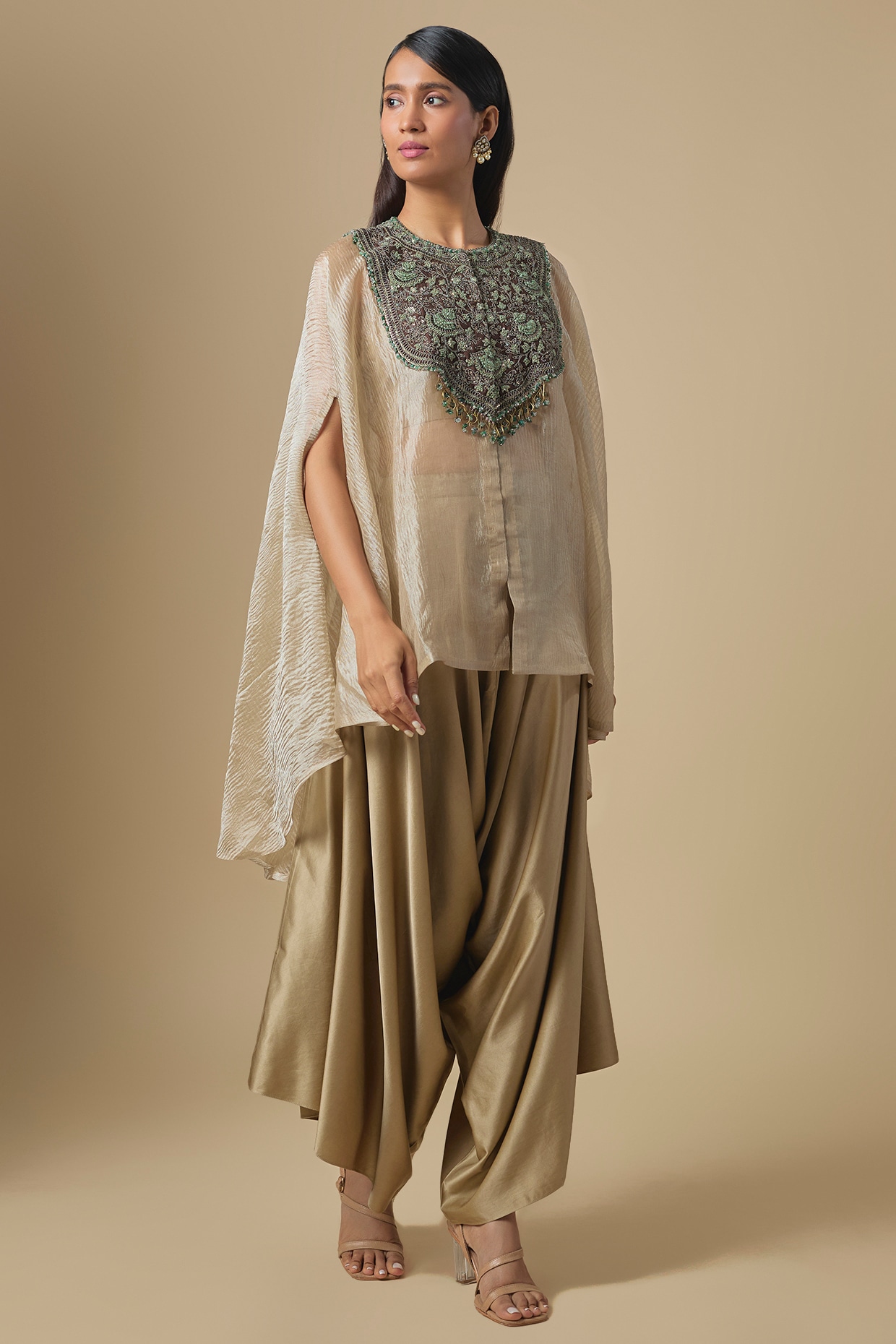 Prisho Champagne Crushed Tissue Thread Embroidery Kaftan Set