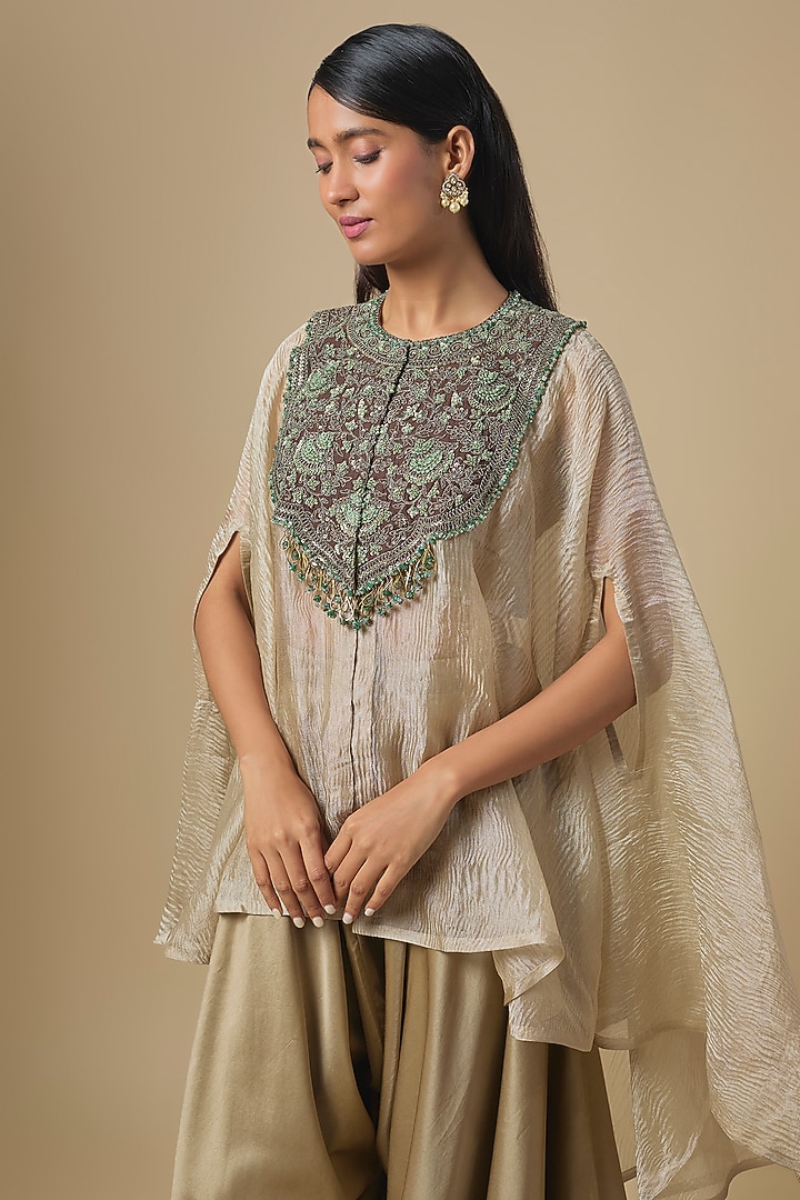 Champagne Crushed Tissue Thread Embroidery Kaftan Set by Prisho at Pernia's Pop Up Shop