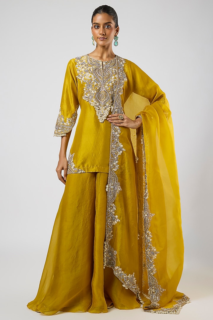 Mustard Organza Wedding Sharara Set by Prisho at Pernia's Pop Up Shop