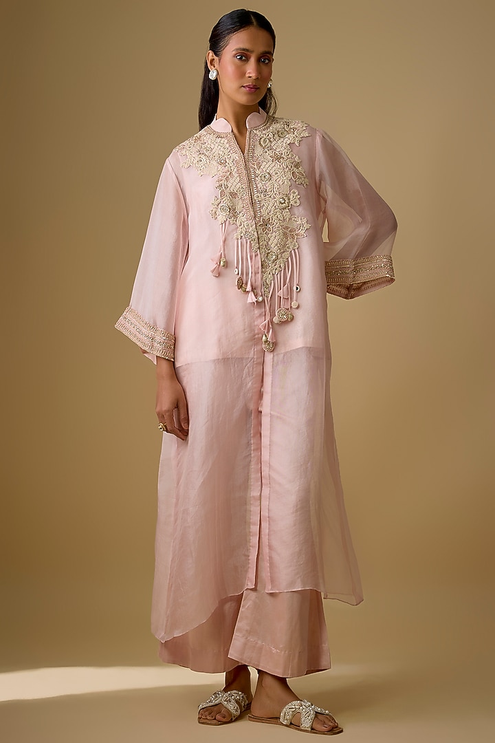 Flamingo Pink Organza Resham Work Jacket Set by Prisho at Pernia's Pop Up Shop
