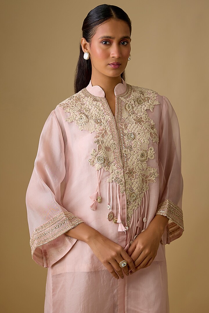 Flamingo Pink Organza Resham Work Jacket Set by Prisho at Pernia's Pop Up Shop