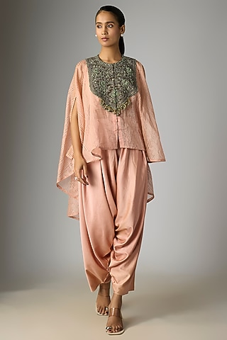 Peach Tissue Thread Work Umbrella Kaftan Set by Prisho