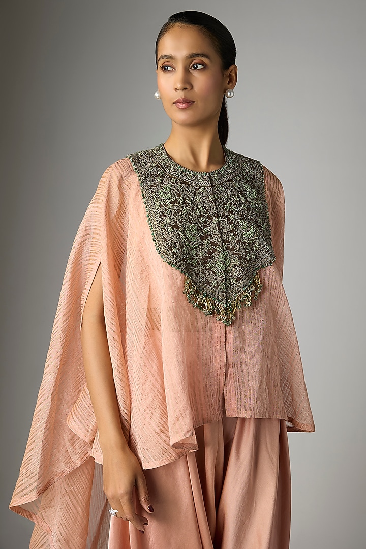Peach Tissue Thread Work Umbrella Kaftan Set by Prisho at Pernia's Pop Up Shop