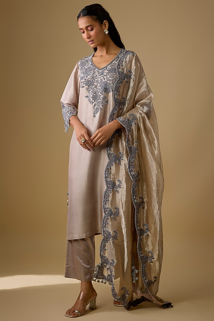 Champagne Silk Embroidered Kurta Set by Prisho at Pernia's Pop Up Shop
