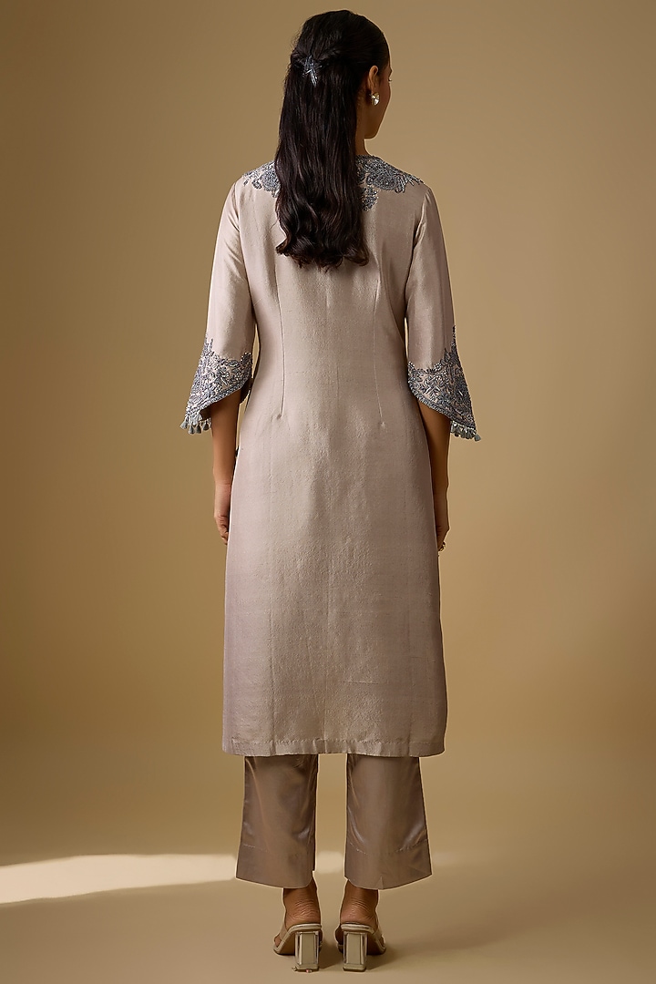 Champagne Silk Embroidered Kurta Set by Prisho at Pernia's Pop Up Shop