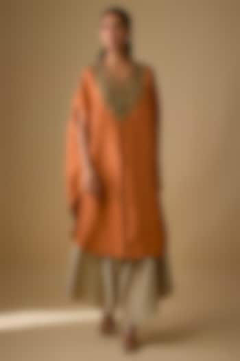 Rust Silk Thread Work Kaftan Set by Prisho at Pernia's Pop Up Shop