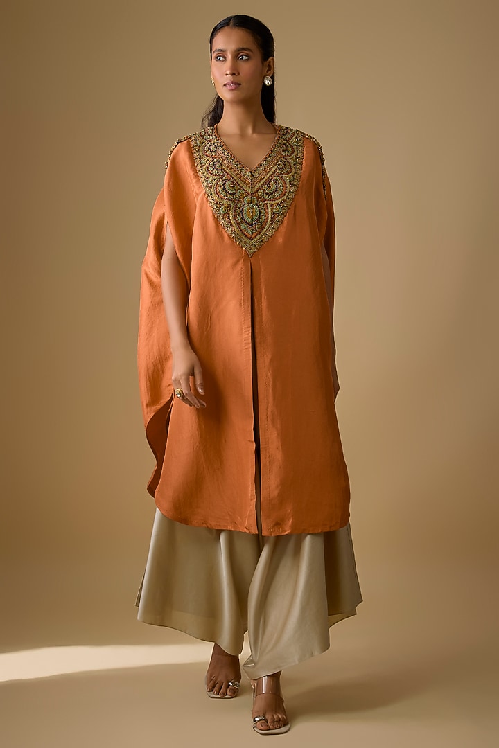 Rust Silk Thread Work Kaftan Set by Prisho at Pernia's Pop Up Shop