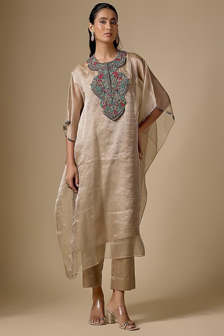Champagne Tissue Threadwork Kaftan Set by Prisho at Pernia's Pop Up Shop