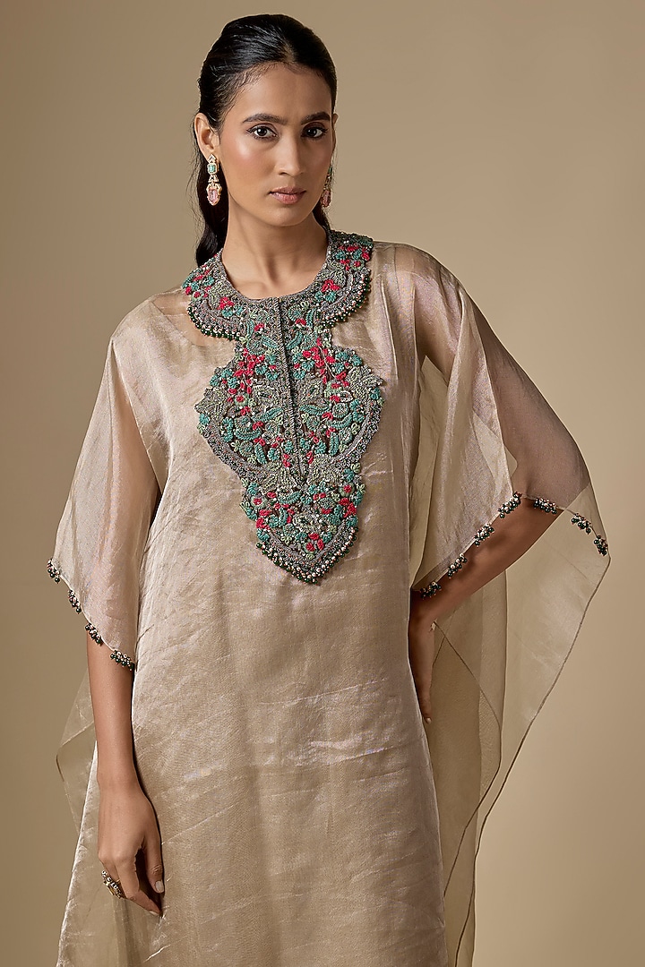 Champagne Tissue Threadwork Kaftan Set by Prisho at Pernia's Pop Up Shop