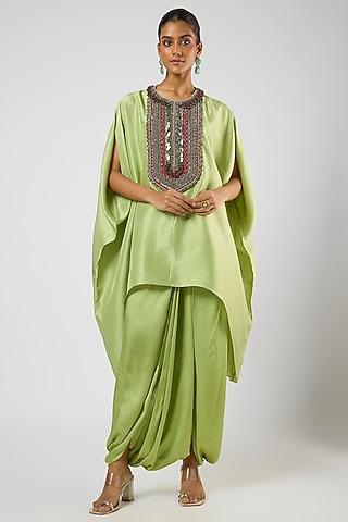 Deep Lime Green Modal Satin Dhoti Skirt Set by Prisho