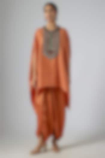 Rust Silk Thread Embroidered Kaftan Set by Prisho at Pernia's Pop Up Shop