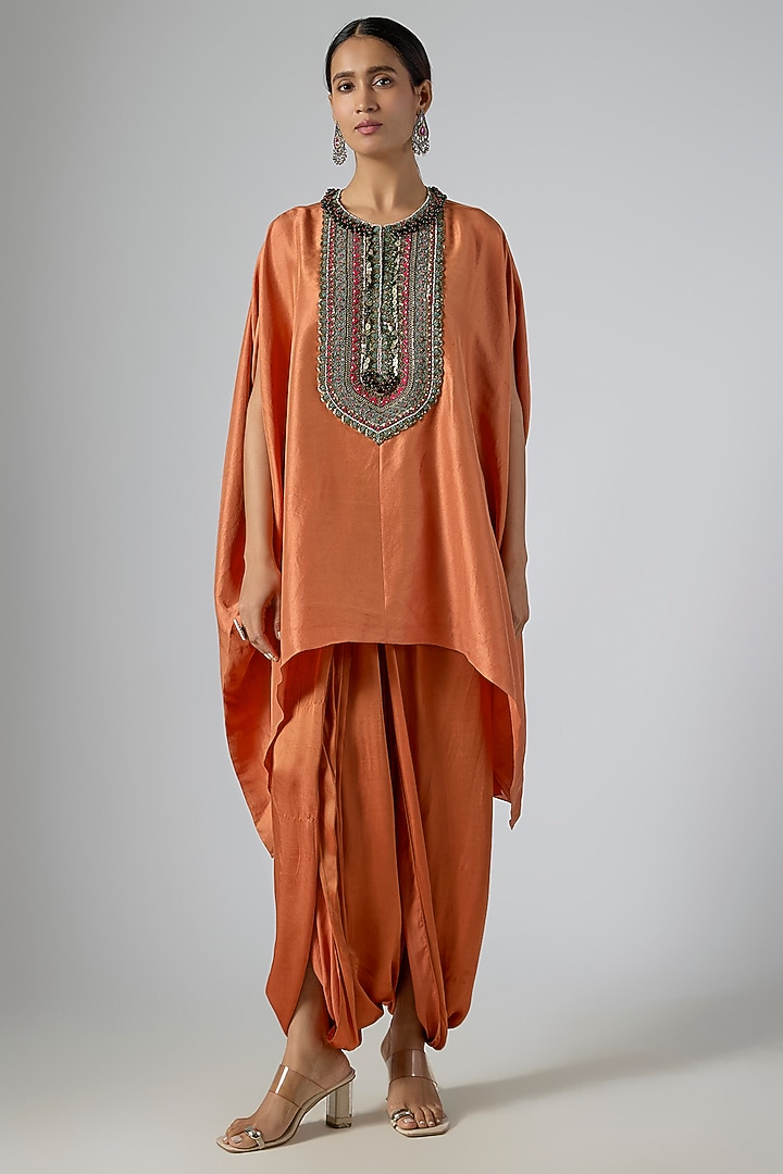 Rust Silk Thread Embroidered Kaftan Set by Prisho at Pernia's Pop Up Shop