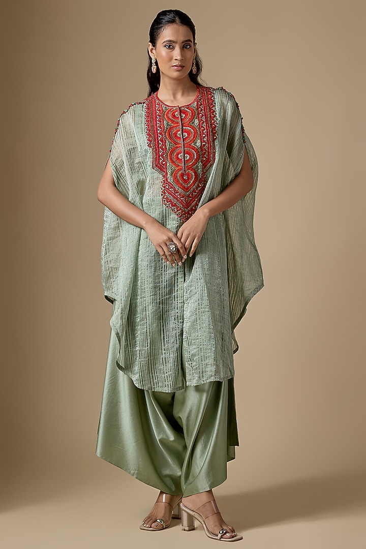 Lime Green Tissue Threadwork Kaftan Set by Prisho at Pernia's Pop Up Shop