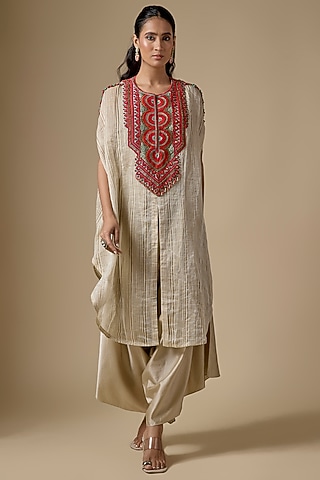 Ivory Tissue Threadwork Kaftan Set by Prisho