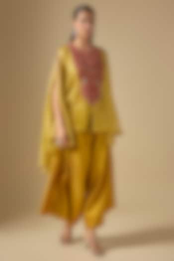 Mustard Tissue Thread Work Umbrella Kaftan Set by Prisho at Pernia's Pop Up Shop