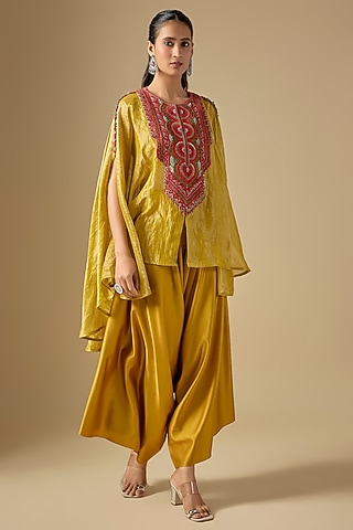 Mustard Tissue Thread Work Umbrella Kaftan Set by Prisho