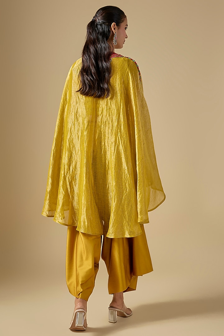 Mustard Tissue Thread Work Umbrella Kaftan Set by Prisho at Pernia's Pop Up Shop