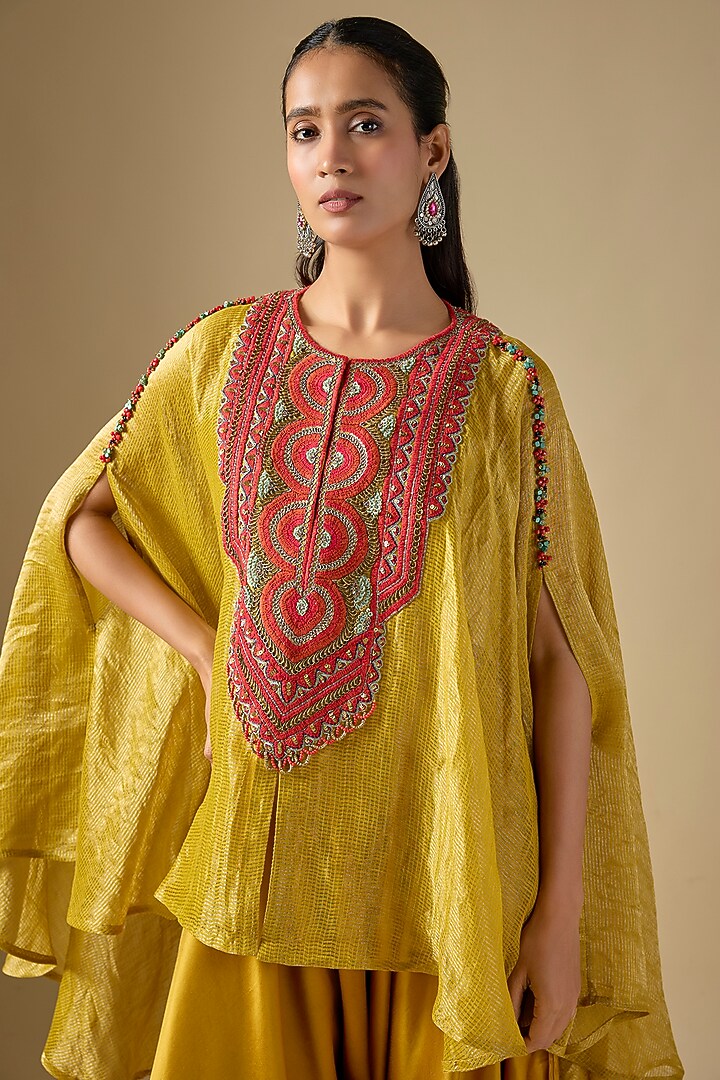 Mustard Tissue Thread Work Umbrella Kaftan Set by Prisho at Pernia's Pop Up Shop