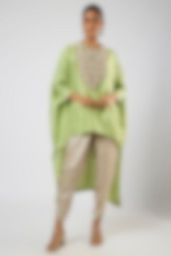 Deep Lime Green Silk Moti Embroidered High-Low Kaftan Set by Prisho at Pernia's Pop Up Shop