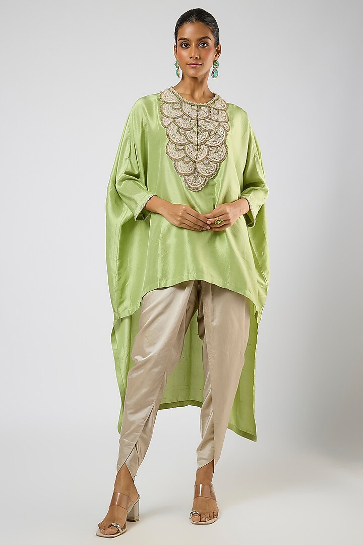 Deep Lime Green Silk Moti Embroidered High-Low Kaftan Set by Prisho at Pernia's Pop Up Shop