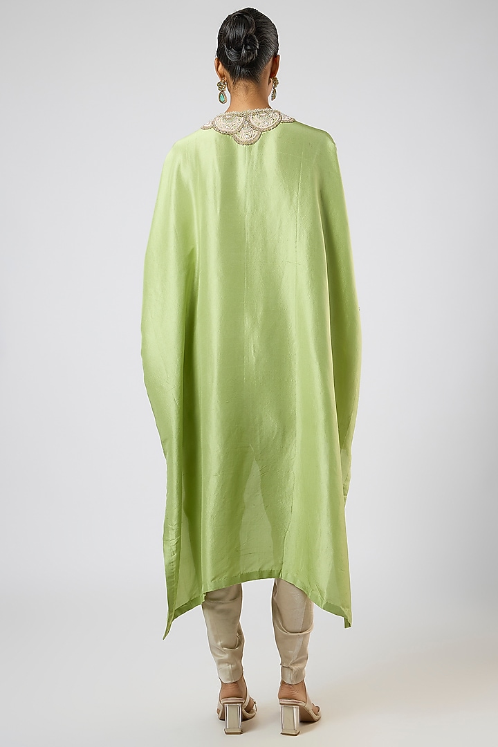 Deep Lime Green Silk Moti Embroidered High-Low Kaftan Set by Prisho at Pernia's Pop Up Shop