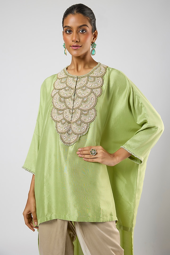 Deep Lime Green Silk Moti Embroidered High-Low Kaftan Set by Prisho at Pernia's Pop Up Shop