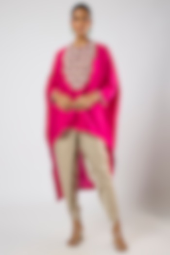 Fuchsia Silk Moti Embroidered High-Low Kaftan Set by Prisho at Pernia's Pop Up Shop