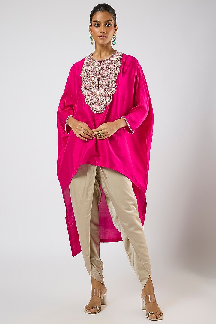 Fuchsia Silk Moti Embroidered High-Low Kaftan Set by Prisho at Pernia's Pop Up Shop