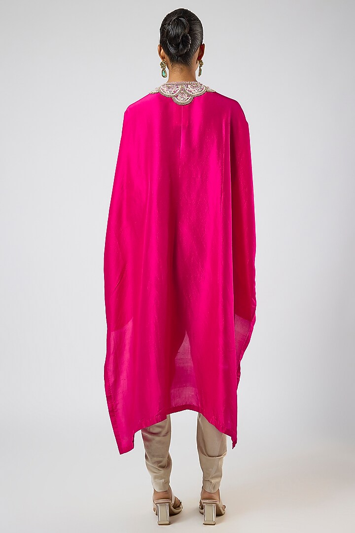 Fuchsia Silk Moti Embroidered High-Low Kaftan Set by Prisho at Pernia's Pop Up Shop