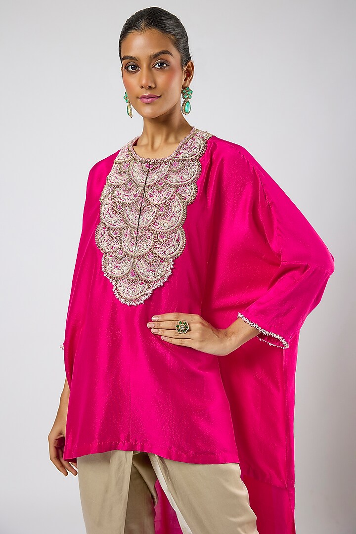 Fuchsia Silk Moti Embroidered High-Low Kaftan Set by Prisho at Pernia's Pop Up Shop