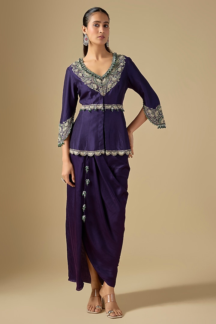 Dark Purple Modal Satin Draped Skirt Set by Prisho at Pernia's Pop Up Shop