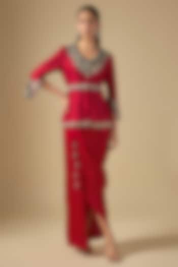 Red Modal Satin Draped Skirt Set by Prisho at Pernia's Pop Up Shop