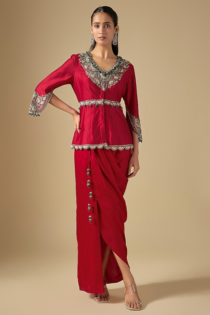 Red Modal Satin Draped Skirt Set by Prisho at Pernia's Pop Up Shop