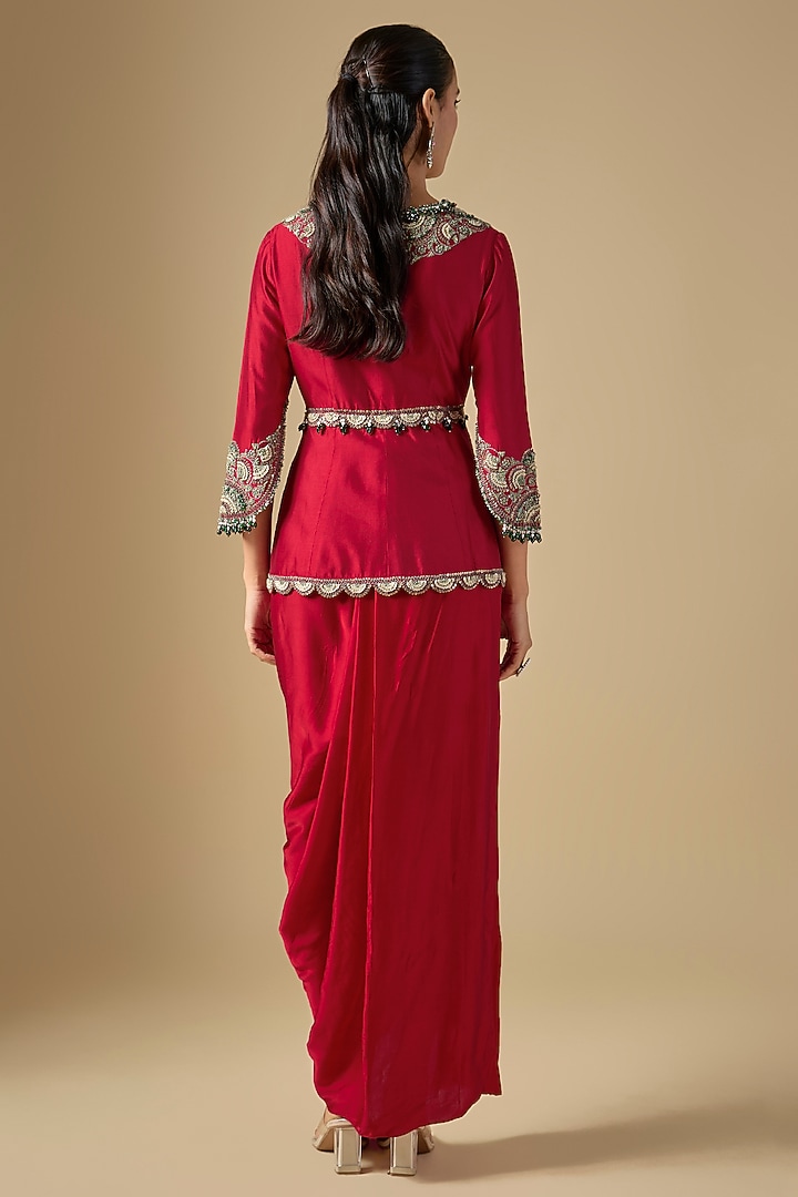 Red Modal Satin Draped Skirt Set by Prisho at Pernia's Pop Up Shop