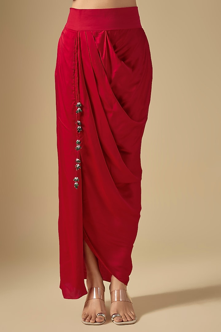Red Modal Satin Draped Skirt Set by Prisho at Pernia's Pop Up Shop