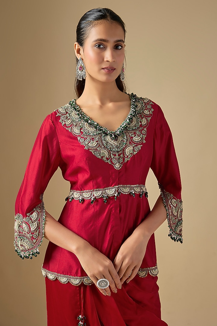Red Modal Satin Draped Skirt Set by Prisho at Pernia's Pop Up Shop