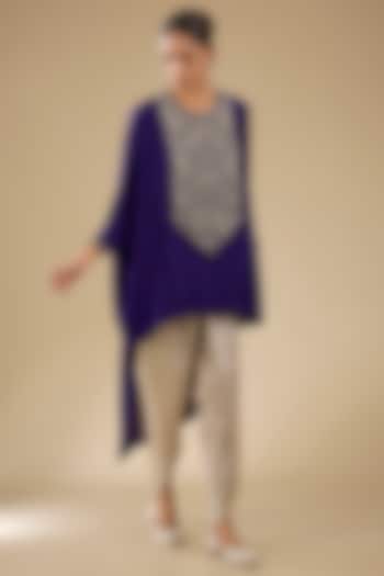 Royal Blue Silk Dori Work High-Low Kaftan Set by Prisho at Pernia's Pop Up Shop