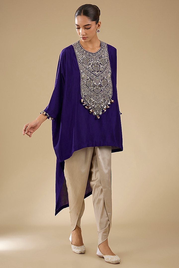 Royal Blue Silk Dori Work High-Low Kaftan Set by Prisho at Pernia's Pop Up Shop