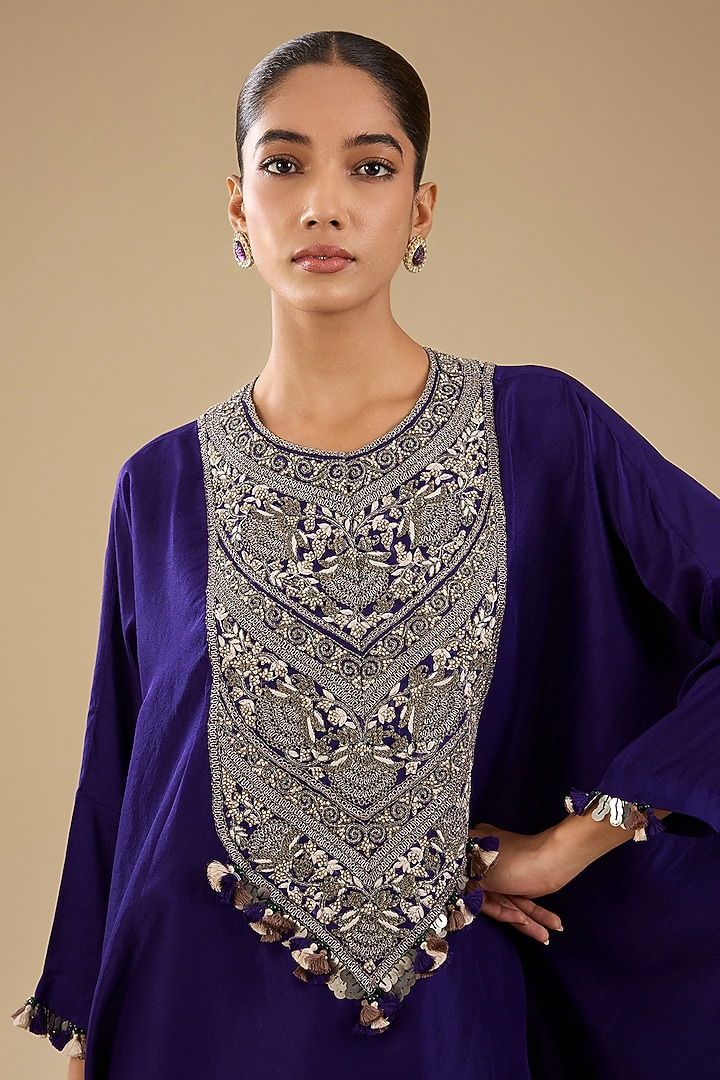Royal Blue Silk Dori Work High-Low Kaftan Set by Prisho at Pernia's Pop Up Shop