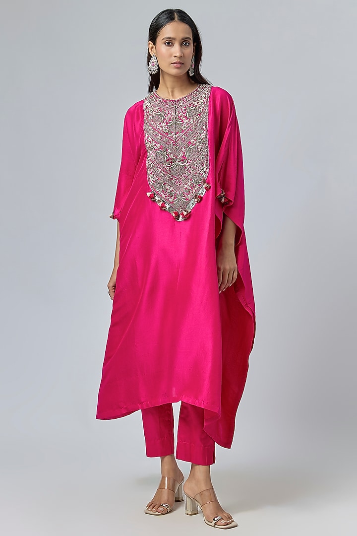 Fuchsia Pink Silk Dori Embroidered Kaftan Set by Prisho at Pernia's Pop Up Shop